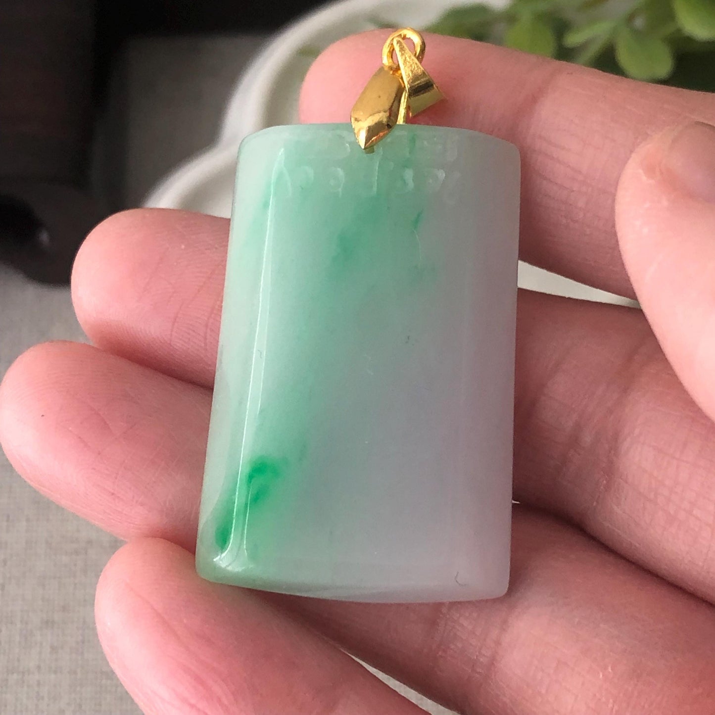 36.2 mm Icy Glossy Green Carved Plaque Jadeite Jade Pendant
