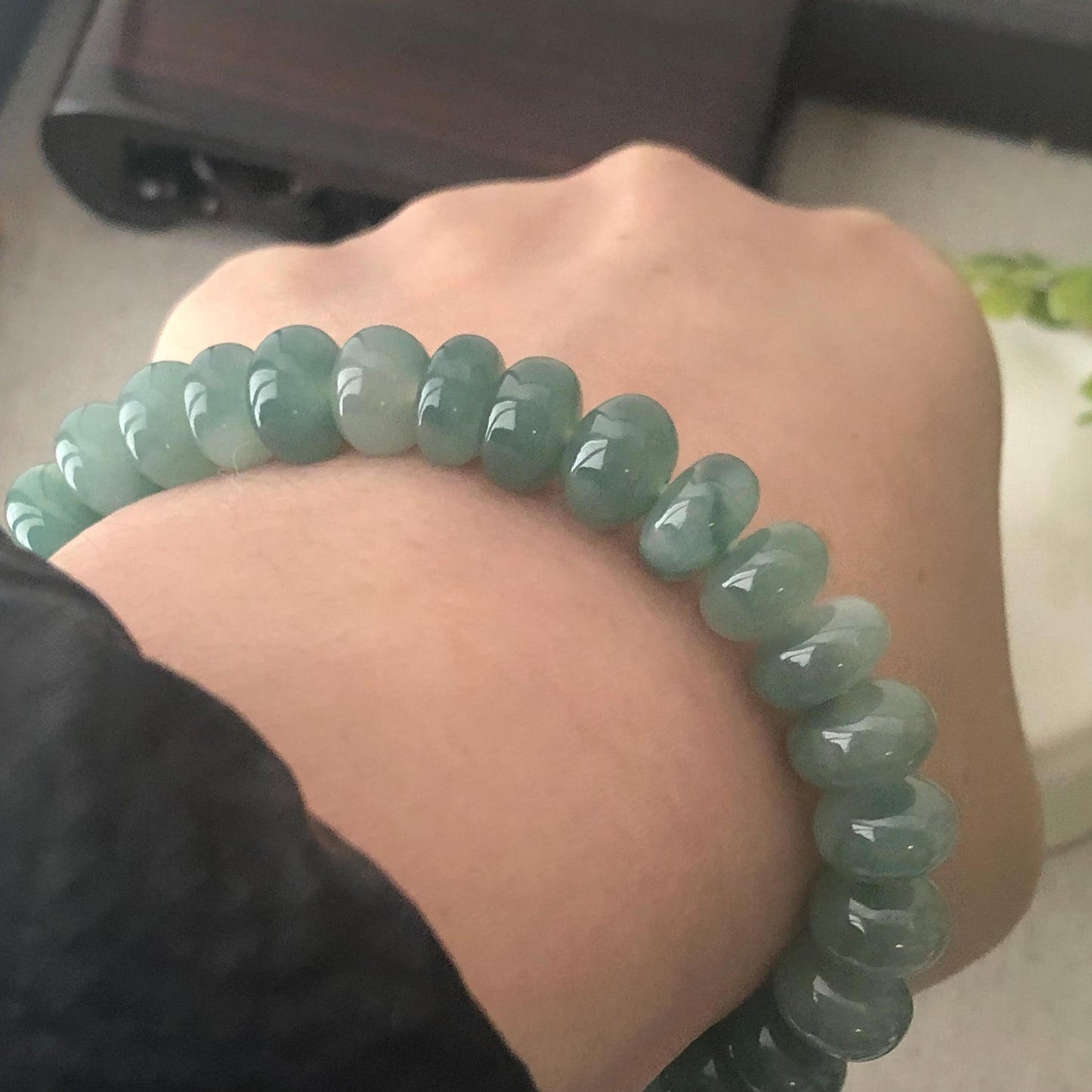 10 mm Icy Green Float Flowers Jade Jadeite Donut Bead Bracelet