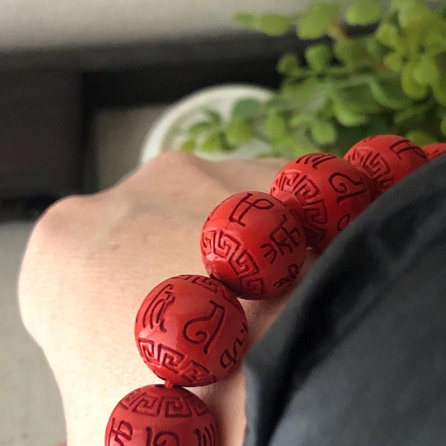 14.3mm Red Carved Six Word Blessing Asian Character Cinnabar Bead Bracelet