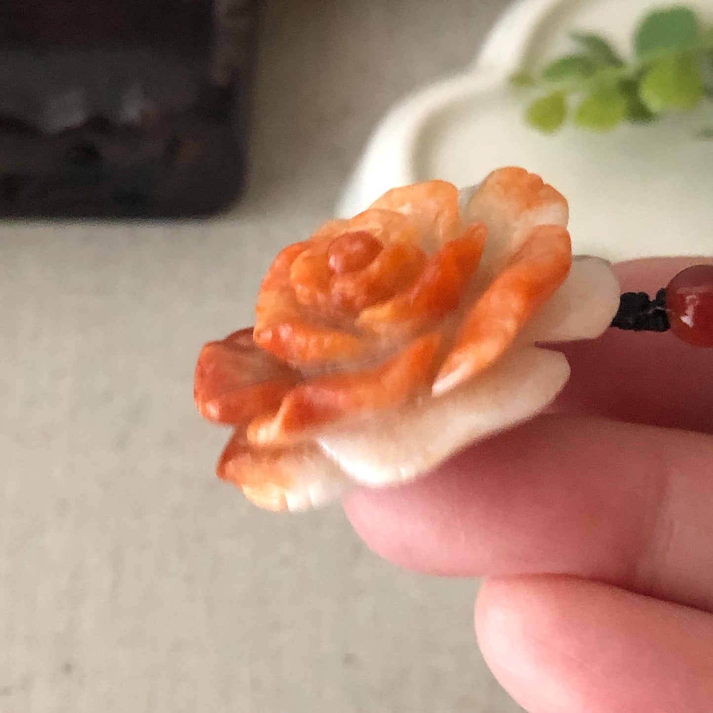 32.7mm Red Brown White Jadeite Jade Carved Flower Pendant