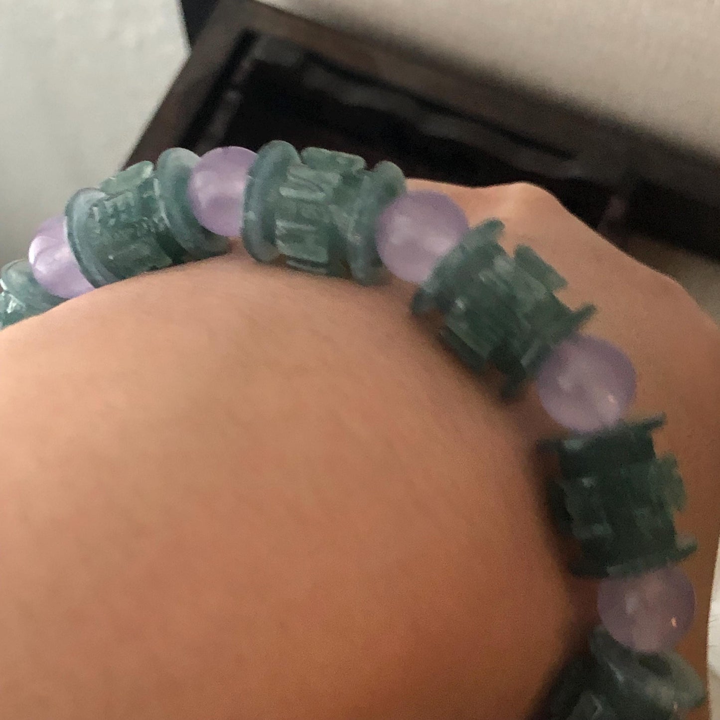 12.2mm x 11.4mm Jadeite Jade Icy Glossy Blue Green Carved Six Word Blessing Bead Bracelet