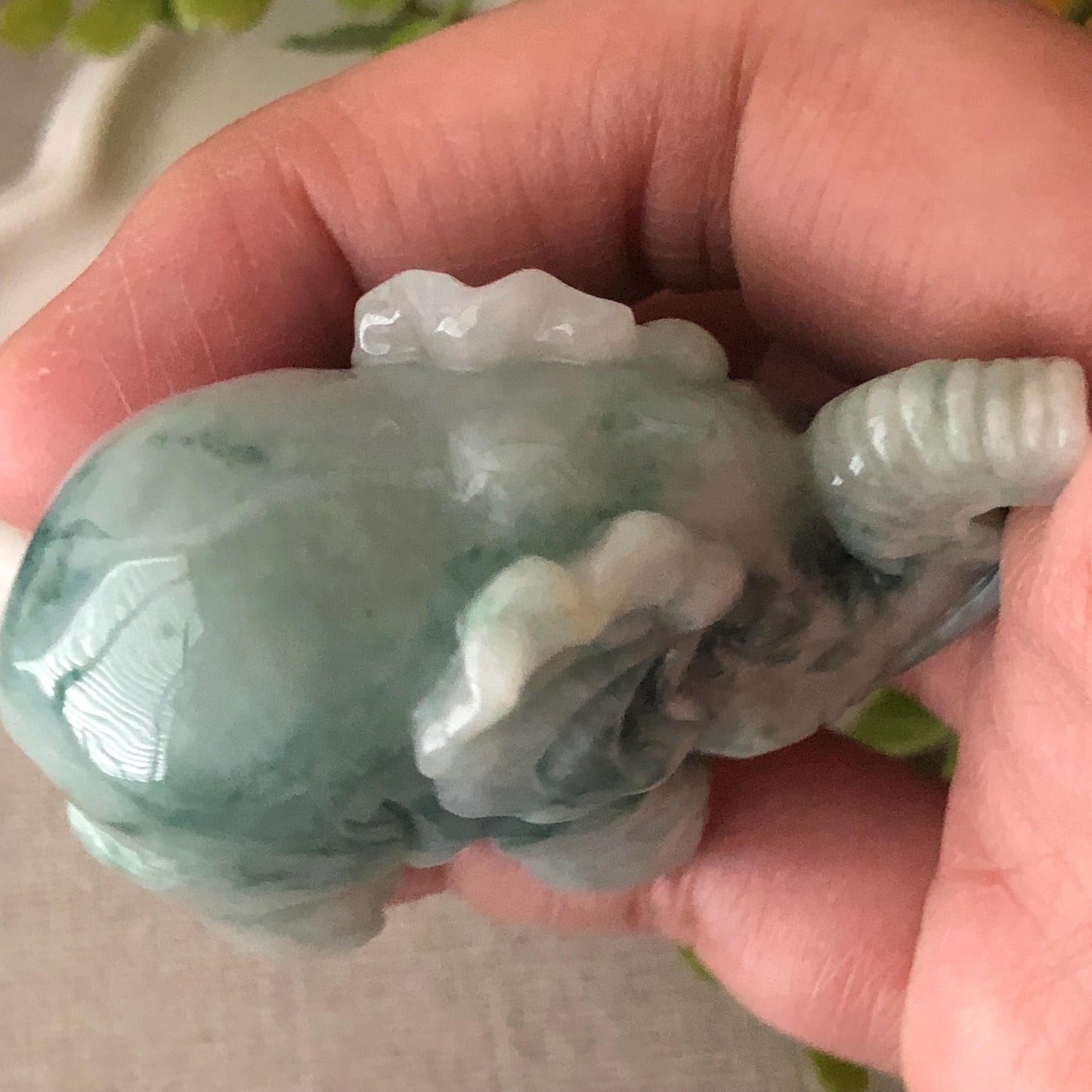 51.2mm Green Float Flowers Jadeite Jade Carved Elephant Statue Display