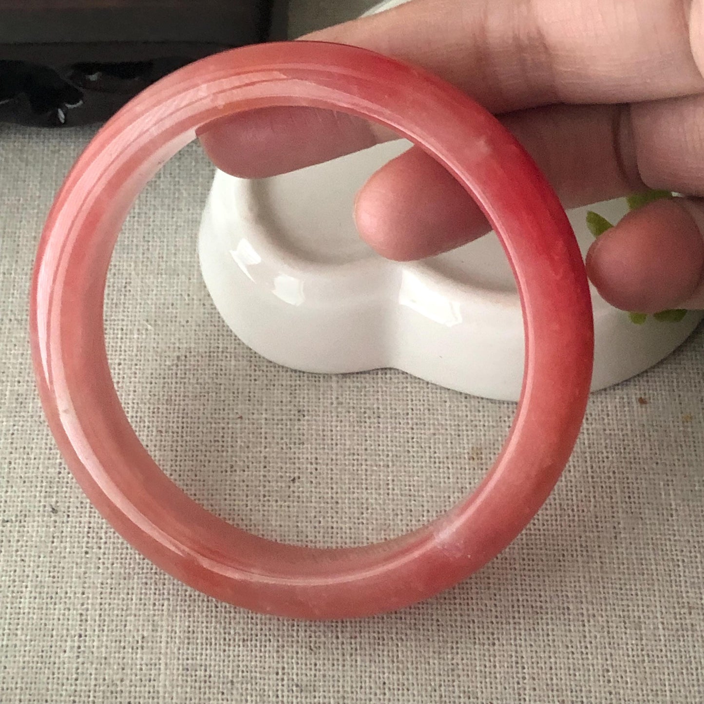 57mm Light Red Cottony Jadeite Jade D-Shaped Bangle