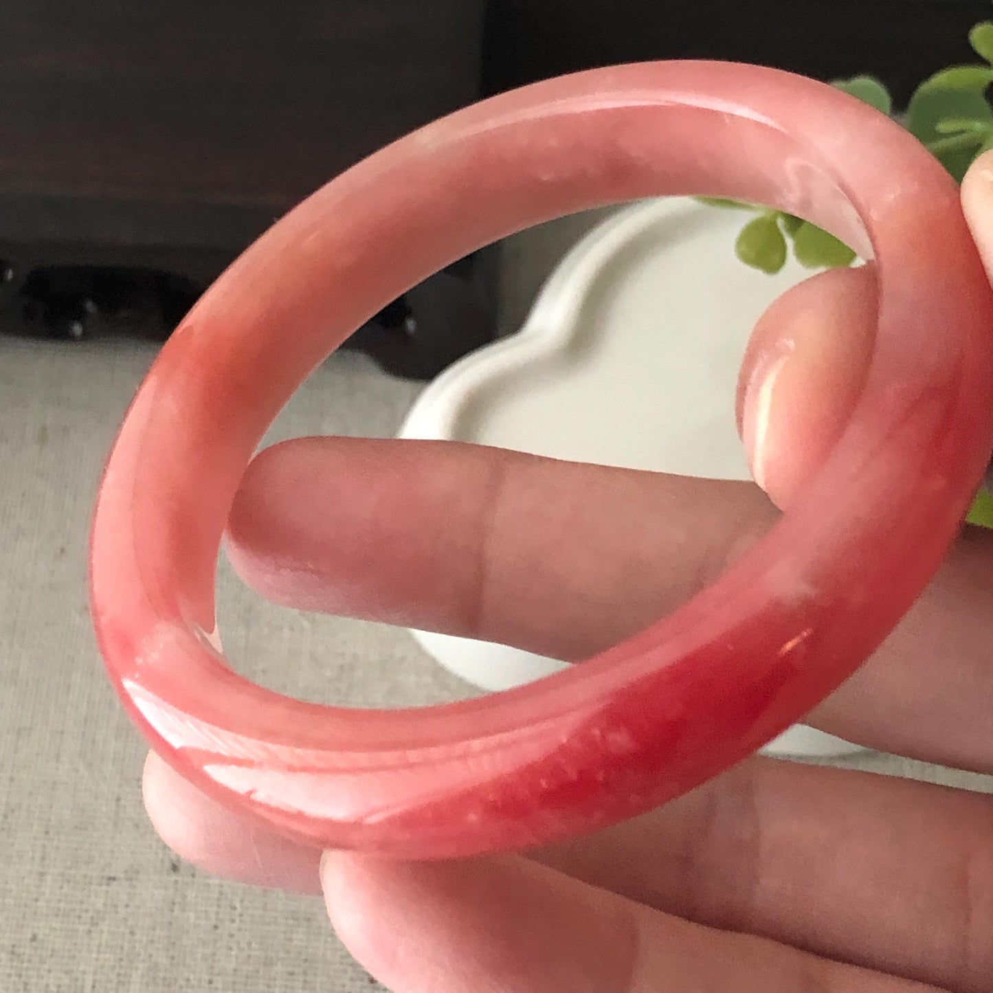 57mm Light Red Cottony Jadeite Jade D-Shaped Bangle