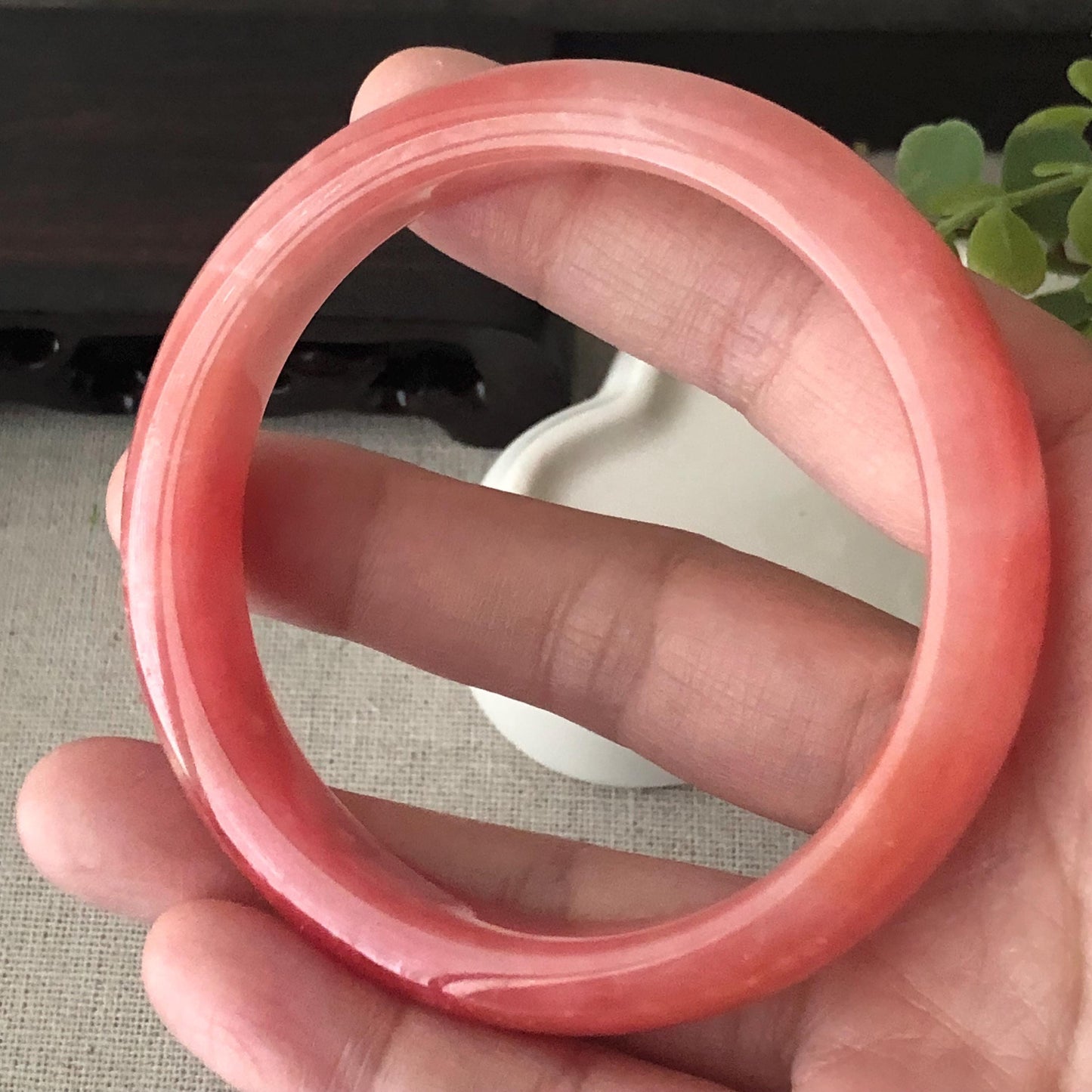 57mm Light Red Cottony Jadeite Jade D-Shaped Bangle