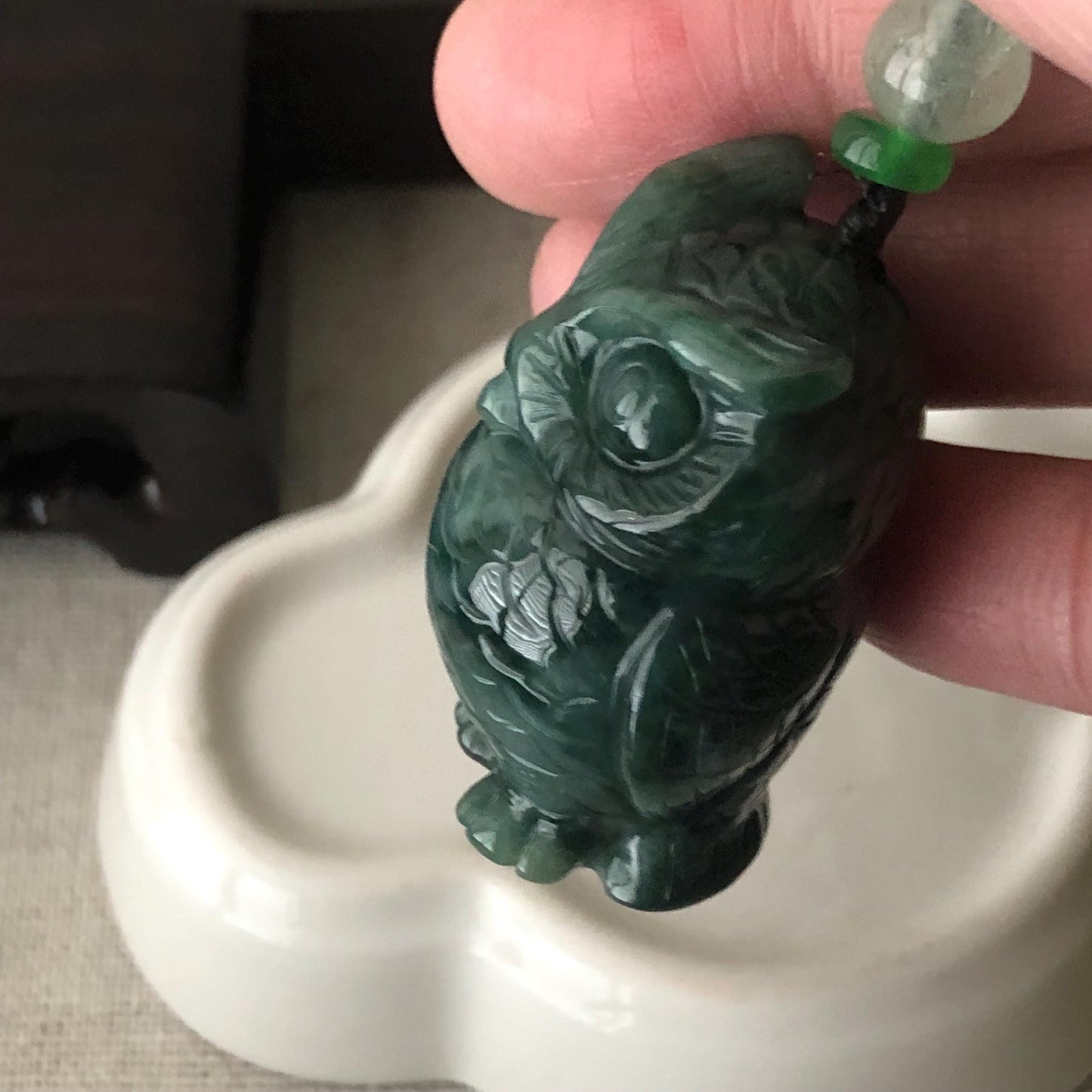 36mm Jadeite Jade Green Carved Owl Pendant Charm