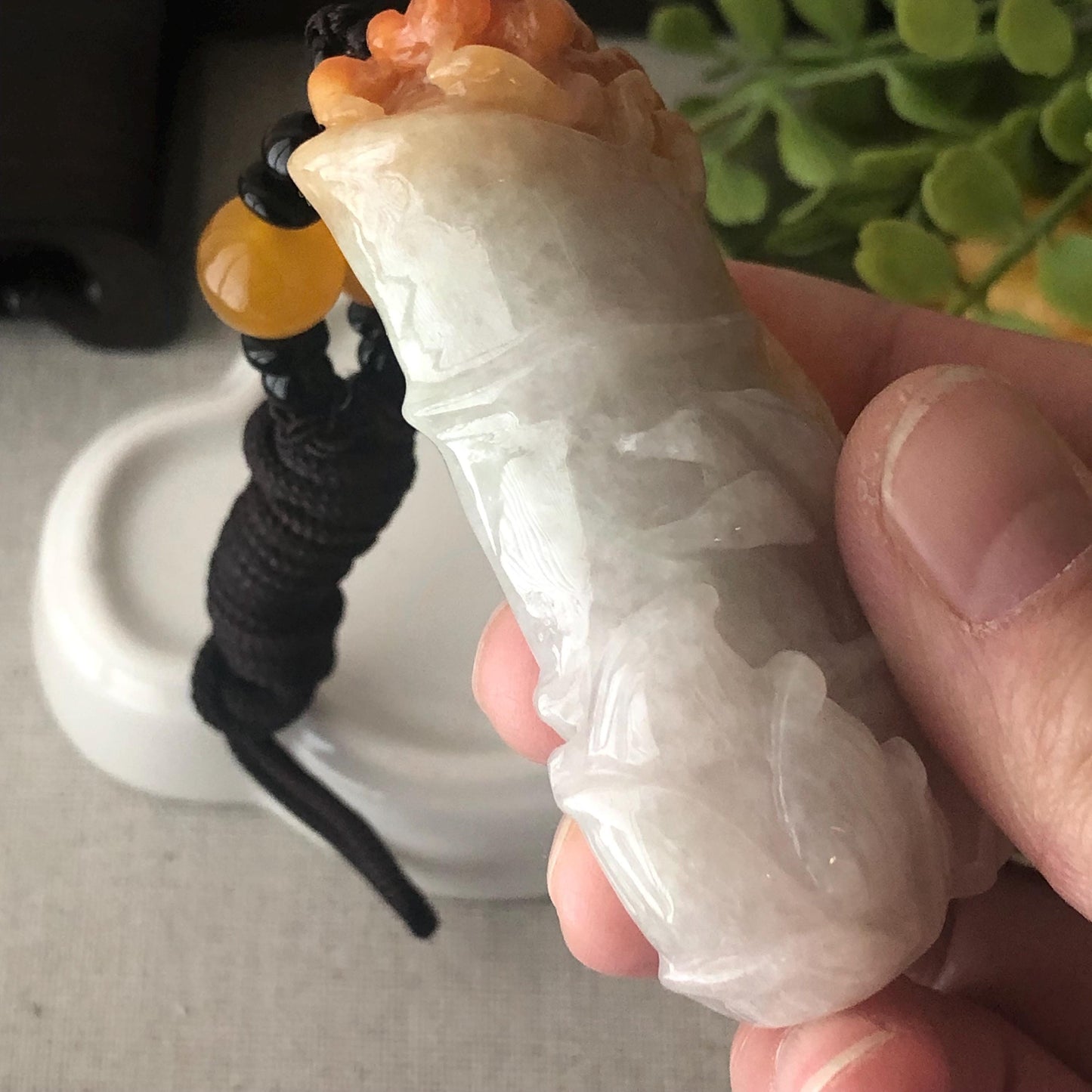 66mm Yellow Red Brown Jadeite Jade Carved Bamboo Locust Pendant