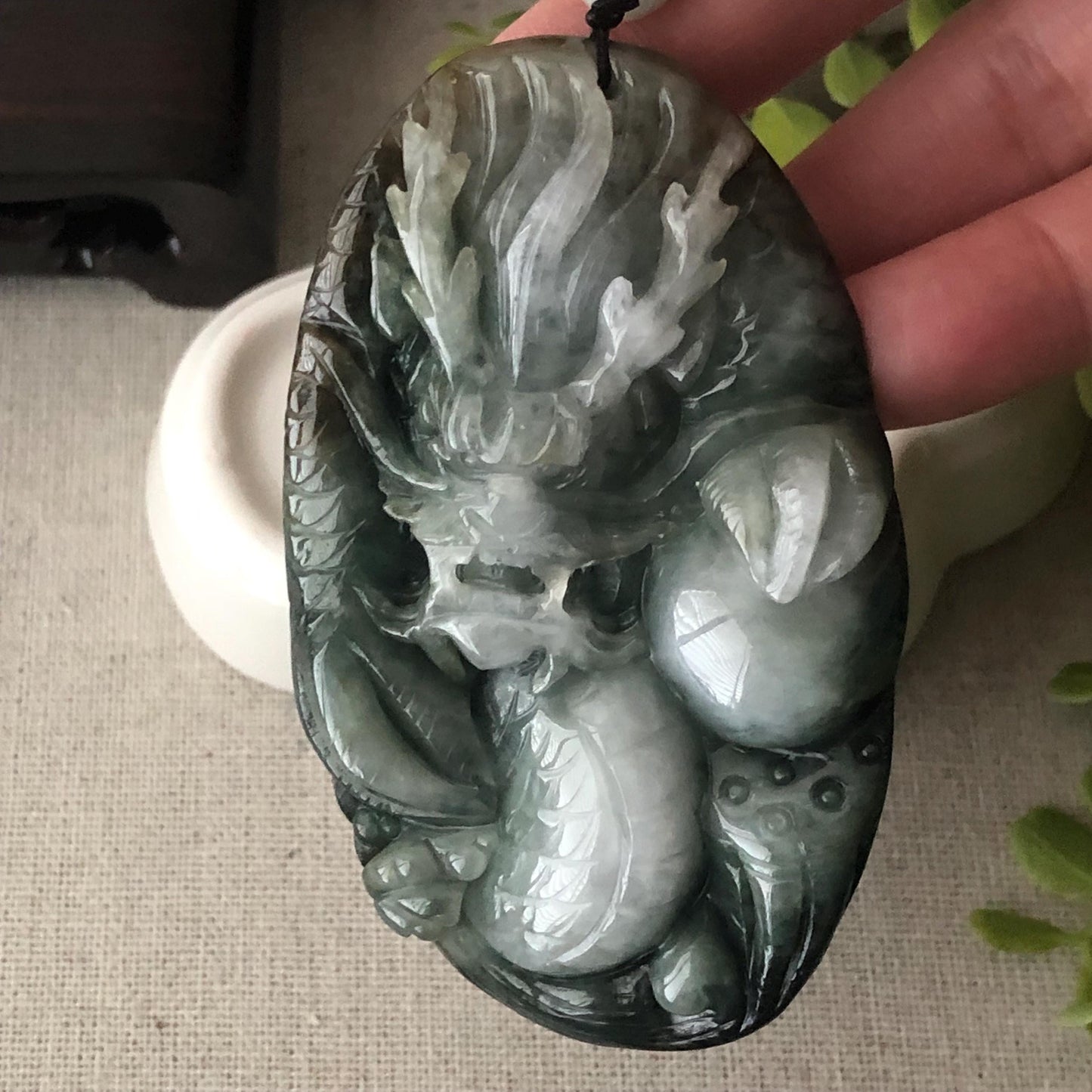 76.7mm Jadeite Jade Wuji Grey White Carved Dragon Pendant