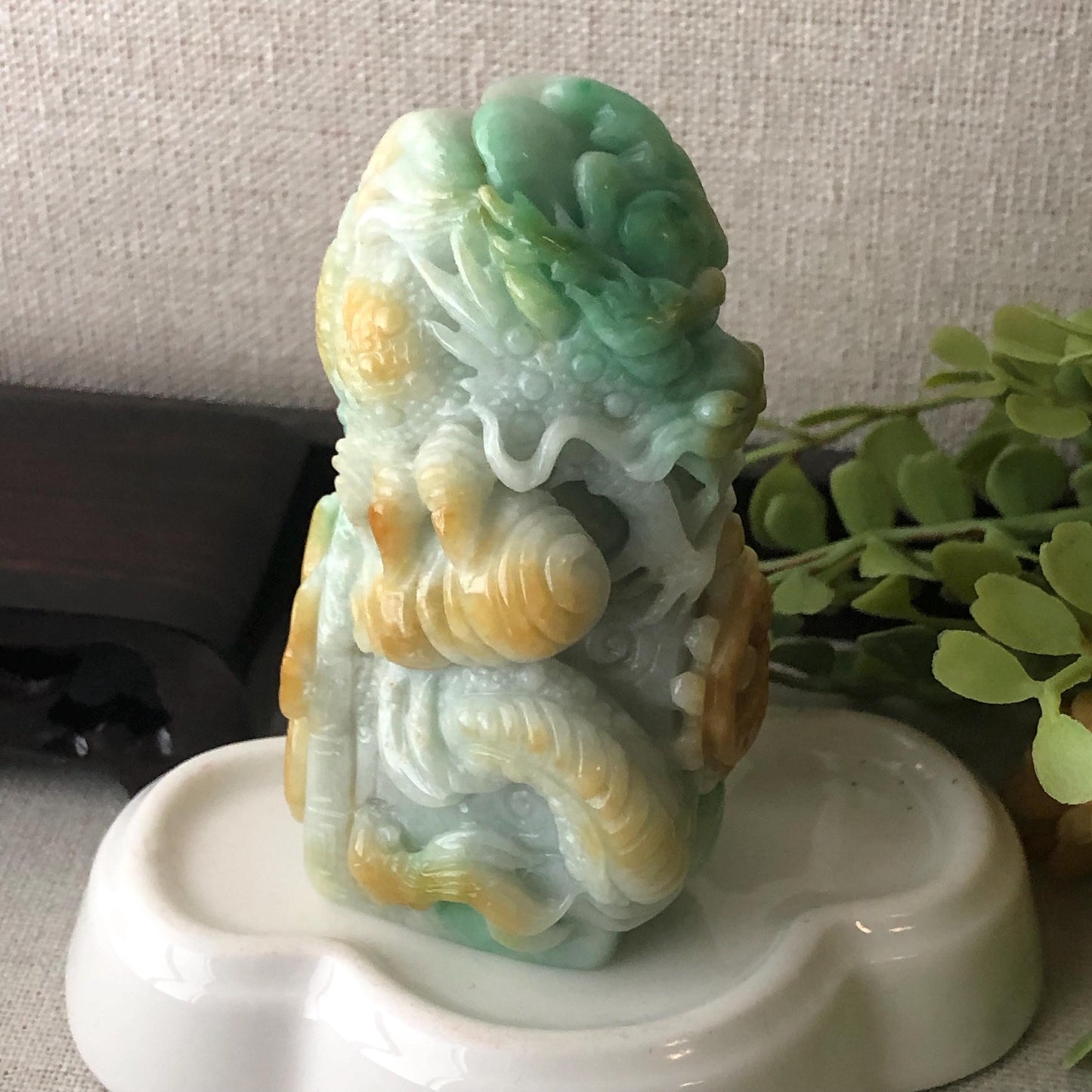 74.6mm Yellow Green Jadeite Jade Carved Dragon Landscape Statue Display Stamp