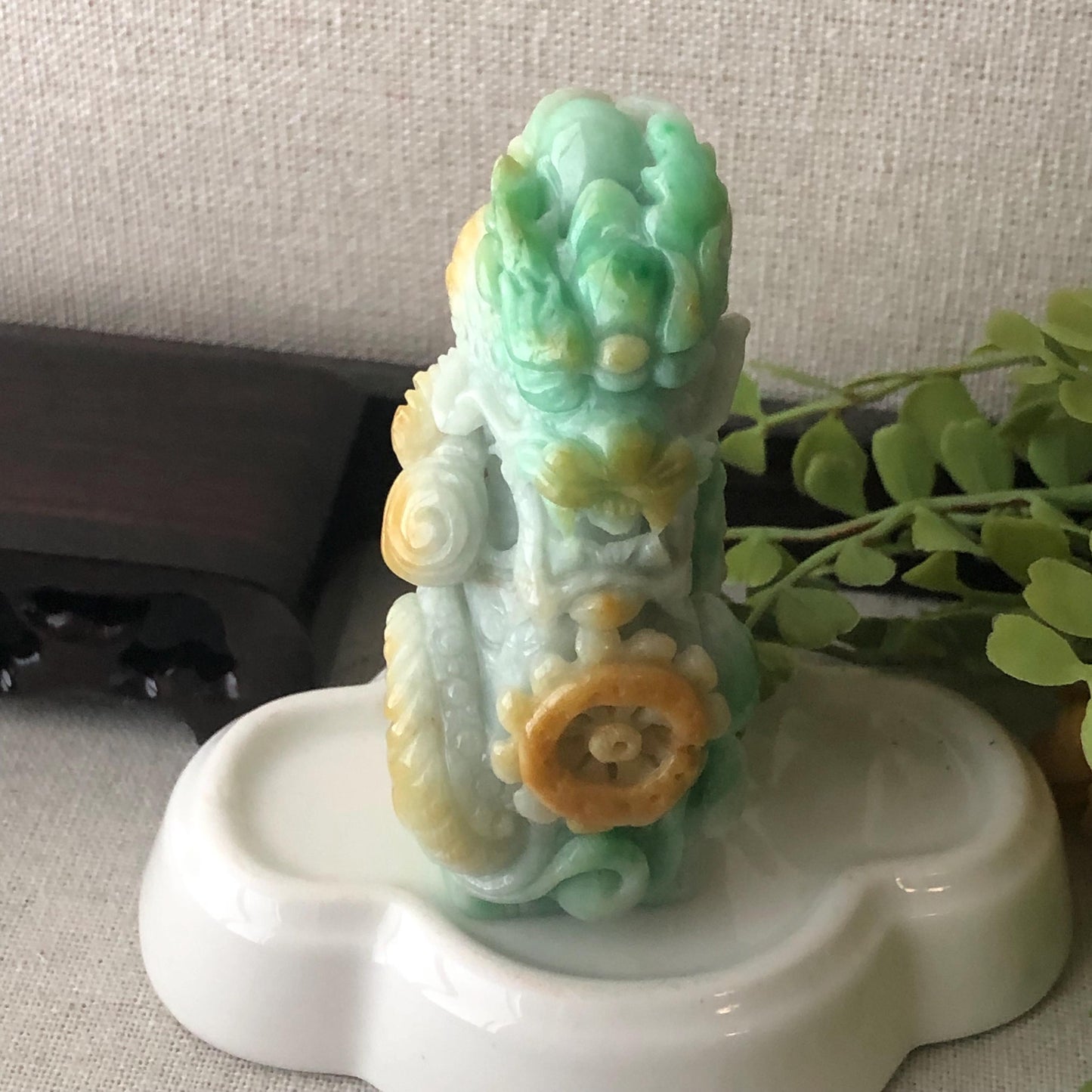 74.6mm Yellow Green Jadeite Jade Carved Dragon Landscape Statue Display Stamp