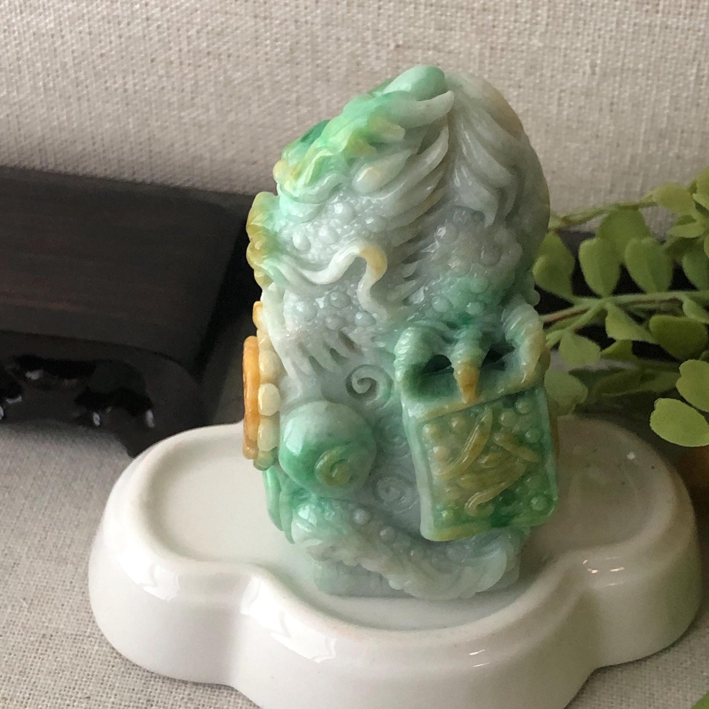 74.6mm Yellow Green Jadeite Jade Carved Dragon Landscape Statue Display Stamp