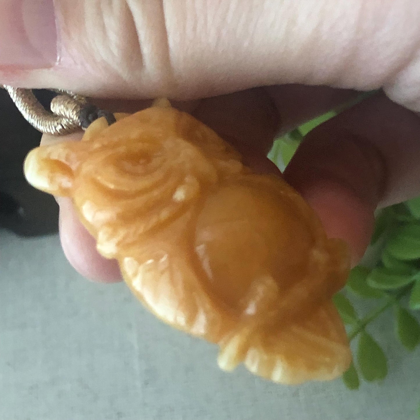 42.4 Jadeite Jade Yellow Brown Carved Owl Pendant Charm