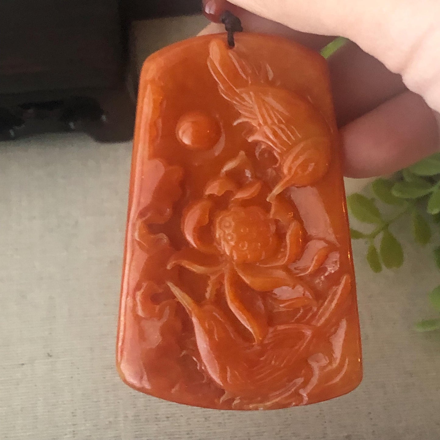 71mm Red Brown Jadeite Jade Carved Flower Double Bird Pendant