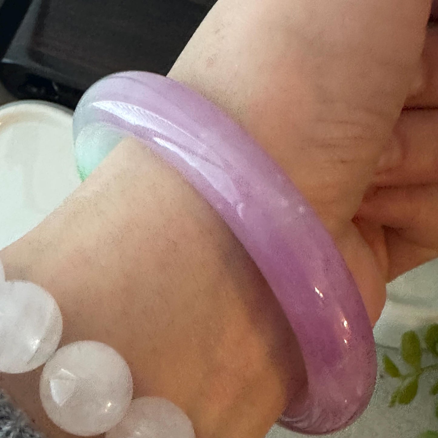 57 mm RARE Icy White Green Lavender Jadeite Jade D shaped Bangle