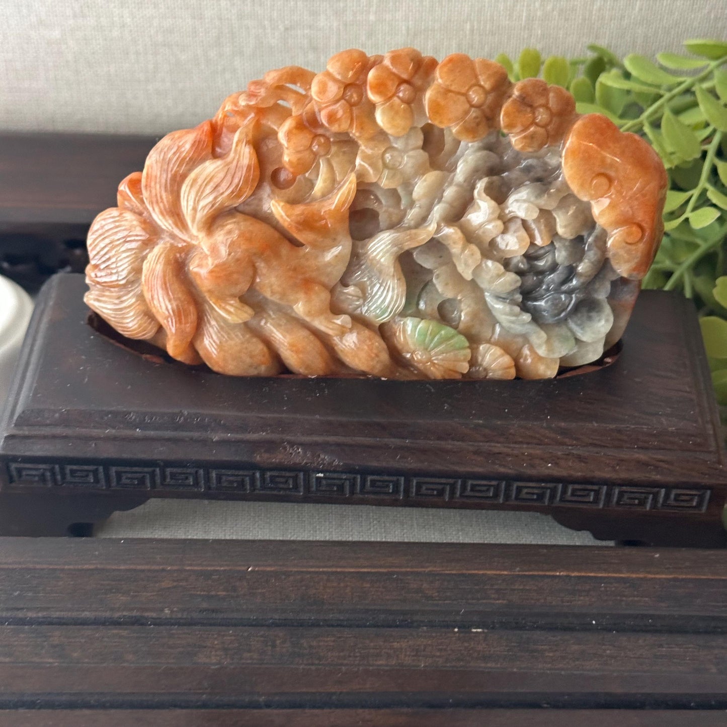 115mm Red Brown Jadeite Jade Carved Flower Kitsune Fox Tail Statue Display