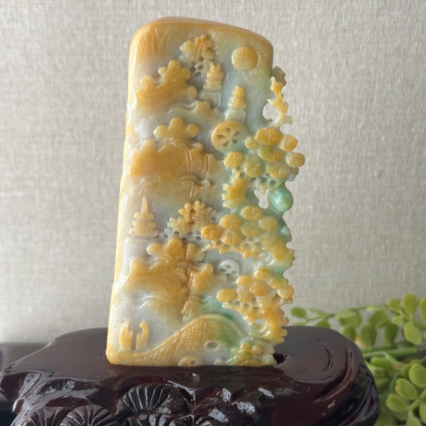 110 mm Yellow Green Jadeite Jade Carved Flower Landscape Mountain Trees Statue Display