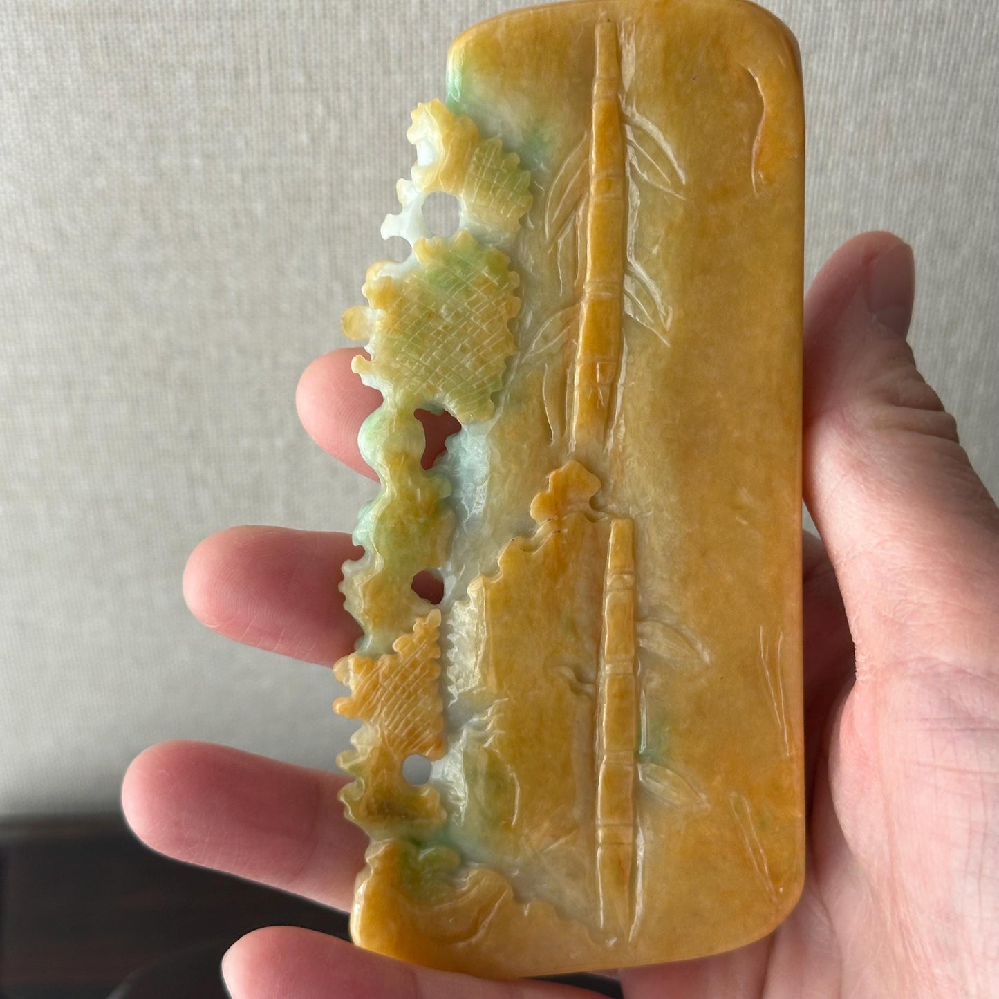 110 mm Yellow Green Jadeite Jade Carved Flower Landscape Mountain Trees Statue Display
