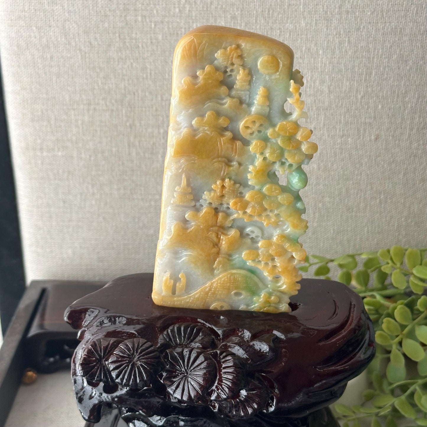 110 mm Yellow Green Jadeite Jade Carved Flower Landscape Mountain Trees Statue Display