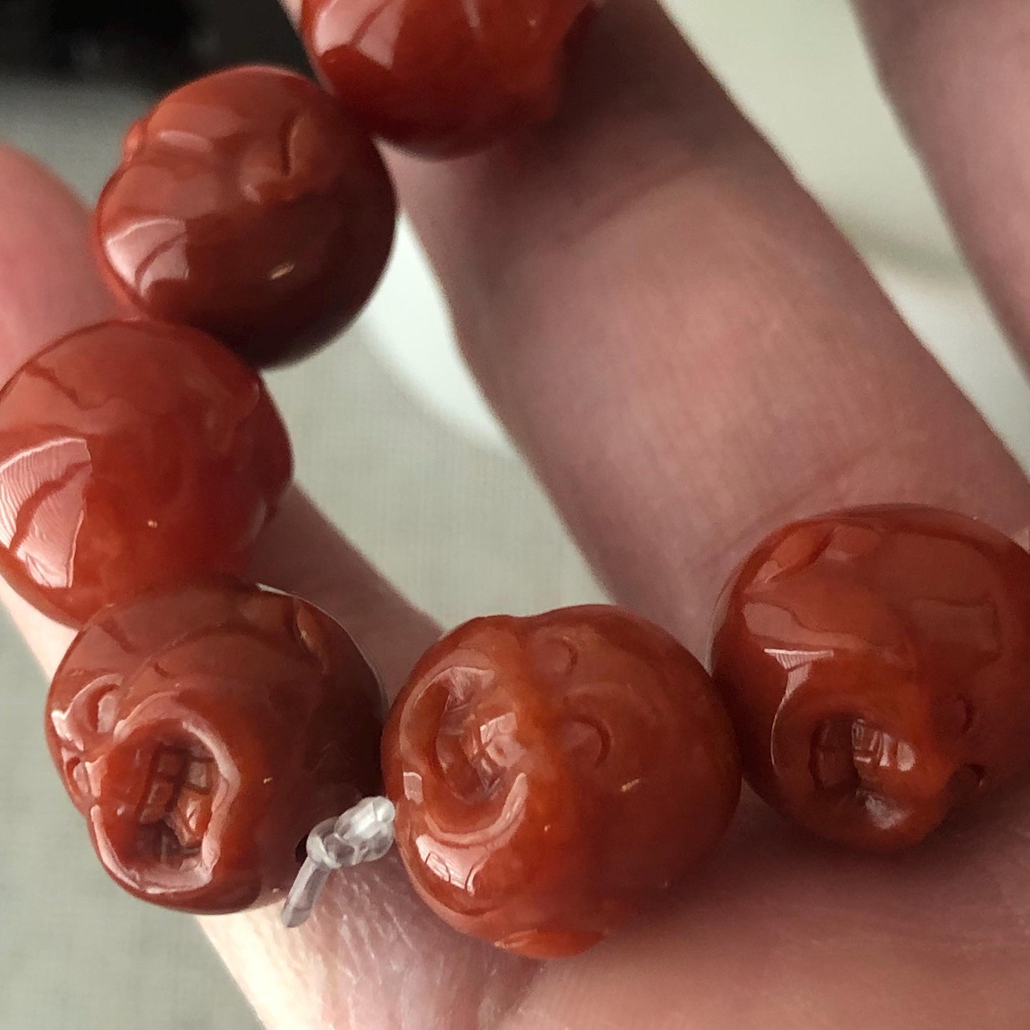 11.5mm Red Brown Glossy Carved Happy Buddha Head Jadeite Jade Bead Bracelet