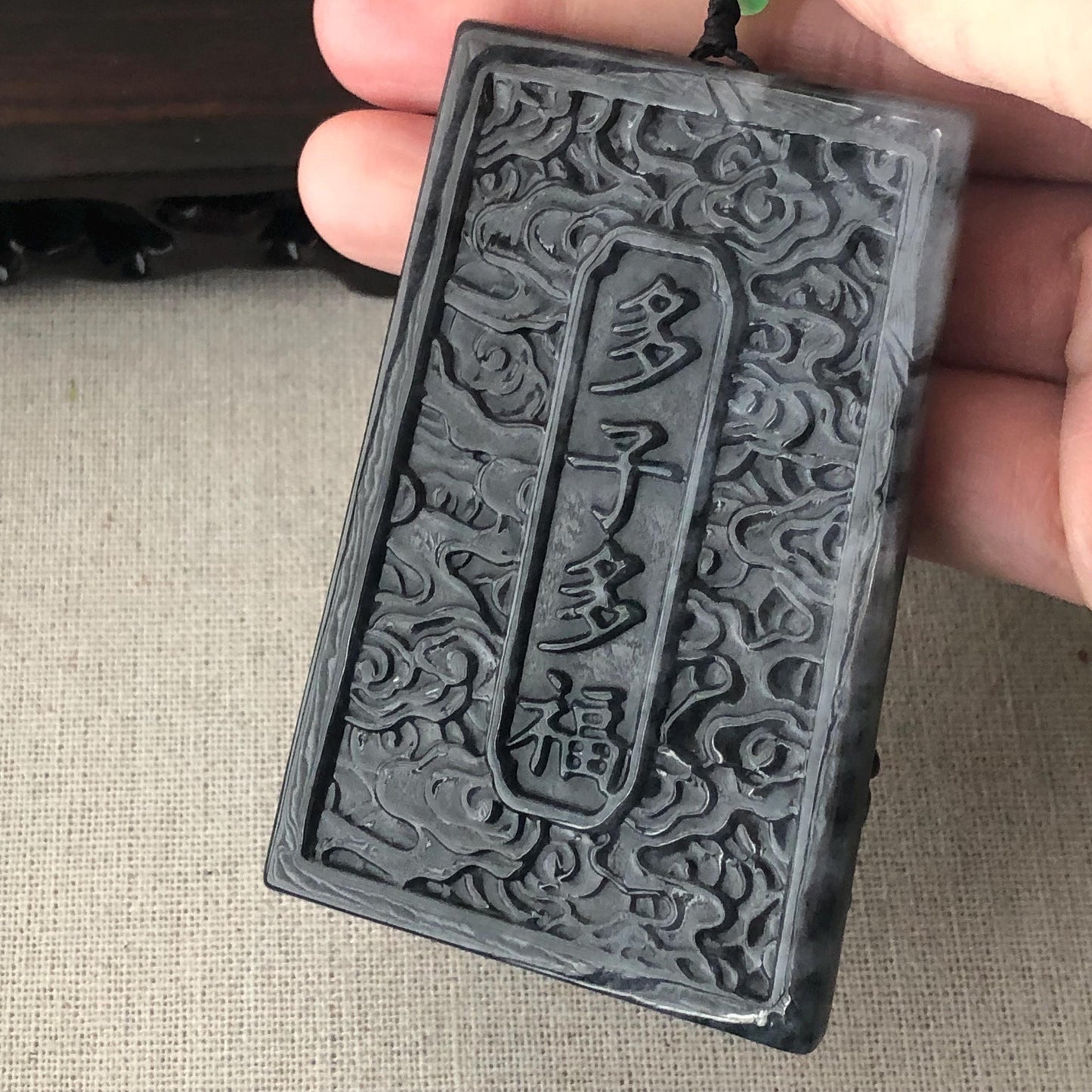 75.7 mm Icy Glossy Wuji Black Jade Jadeite Hand-Carved Happy Buddha Pendant