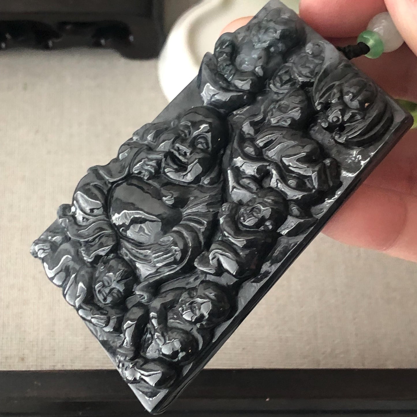 75.7 mm Icy Glossy Wuji Black Jade Jadeite Hand-Carved Happy Buddha Pendant