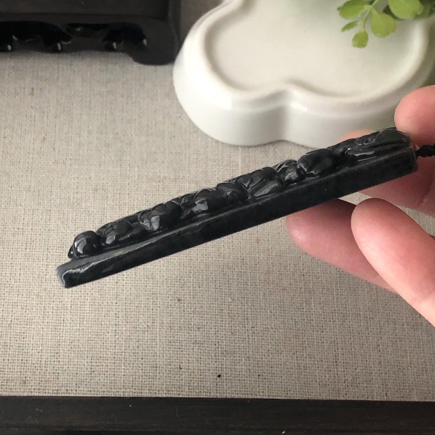 75.7 mm Icy Glossy Wuji Black Jade Jadeite Hand-Carved Happy Buddha Pendant