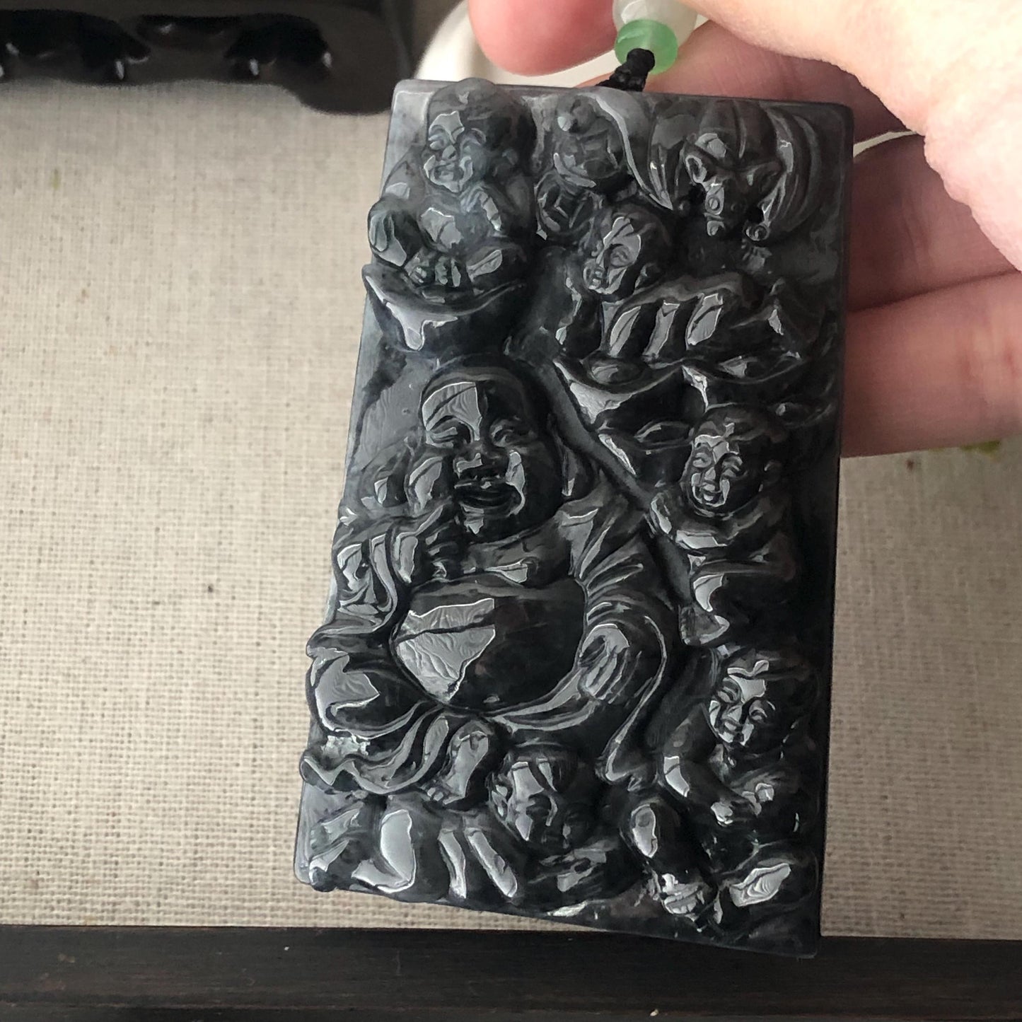 75.7 mm Icy Glossy Wuji Black Jade Jadeite Hand-Carved Happy Buddha Pendant