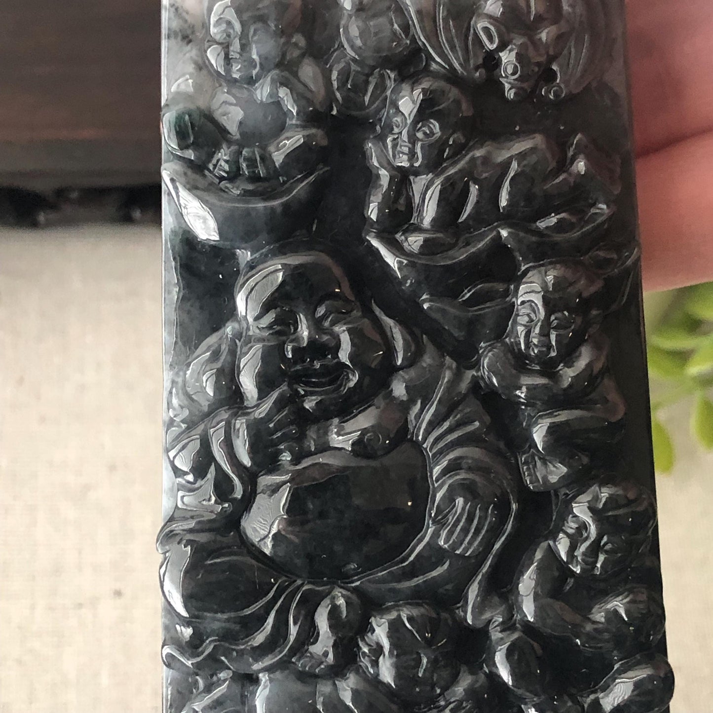 75.7 mm Icy Glossy Wuji Black Jade Jadeite Hand-Carved Happy Buddha Pendant