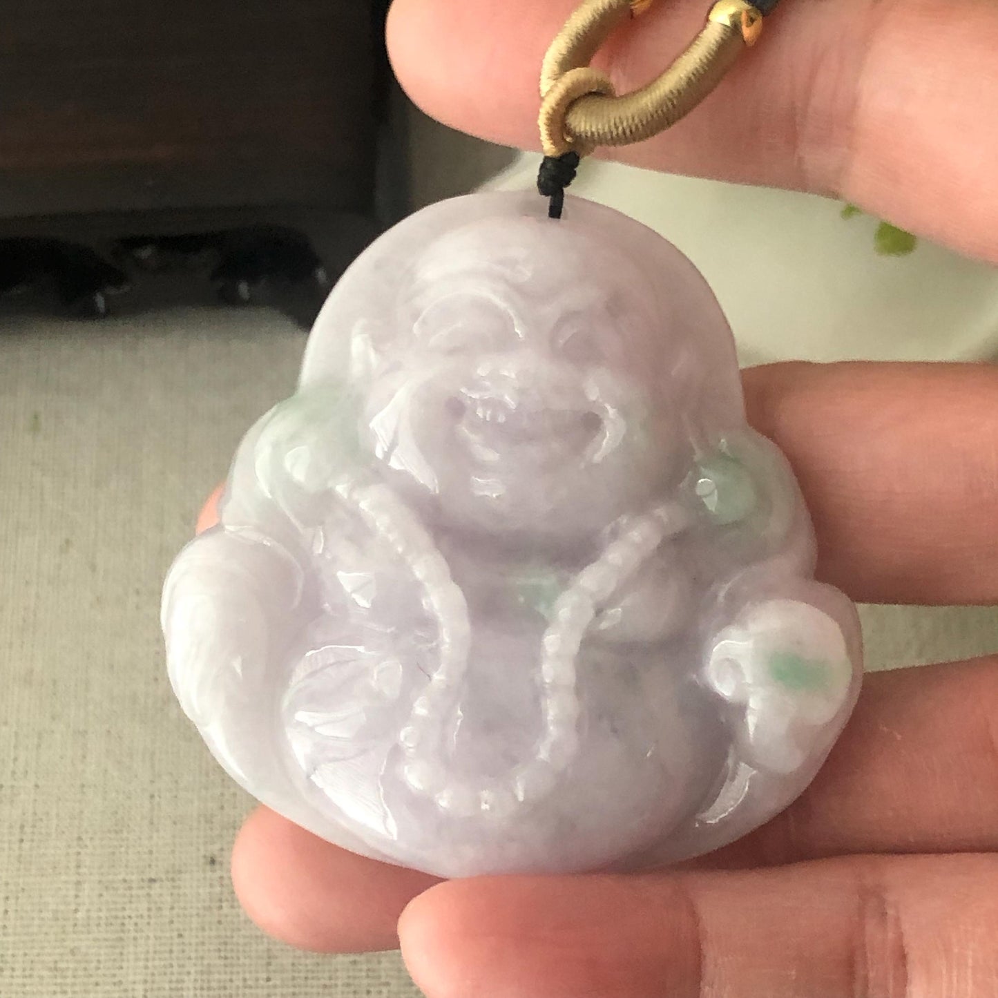 54 mm Light Lavender Green Jadeite Jade Carved Happy Buddha Pendant
