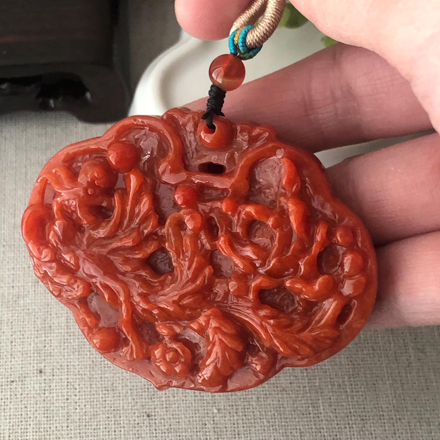 63.8 mm Red Brown Jadeite Jade Carved Flower Phoenix Pendant