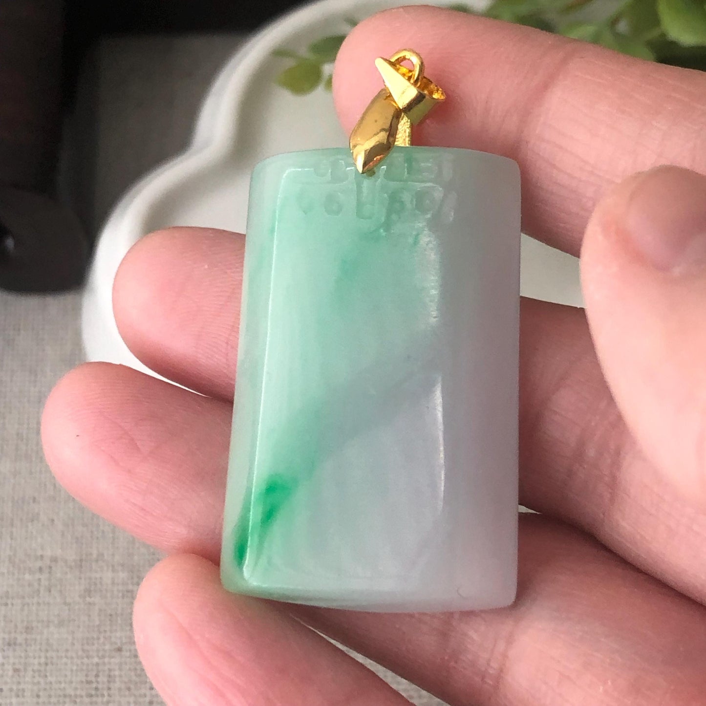 36.2 mm Icy Glossy Green Carved Plaque Jadeite Jade Pendant
