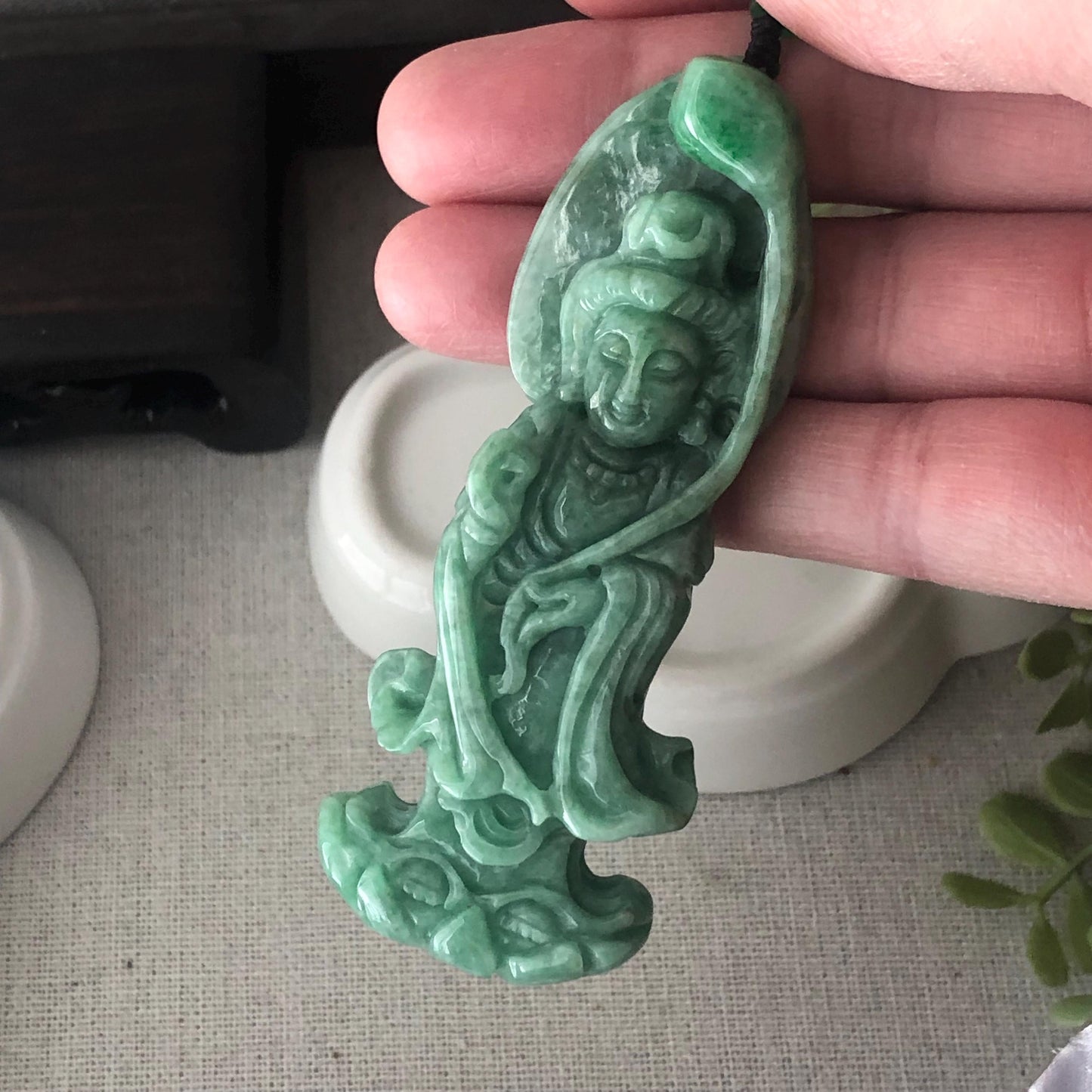 80mm Jadeite Jade Green Carved Guanyin Pendant