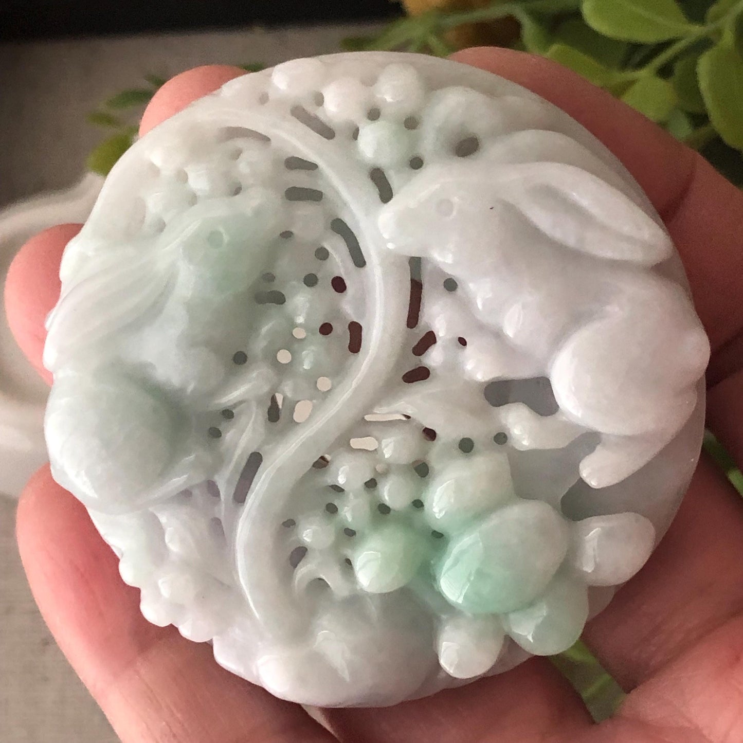 53.7mm Jadeite Jade Green Carved Double Rabbit Flowers Pendant