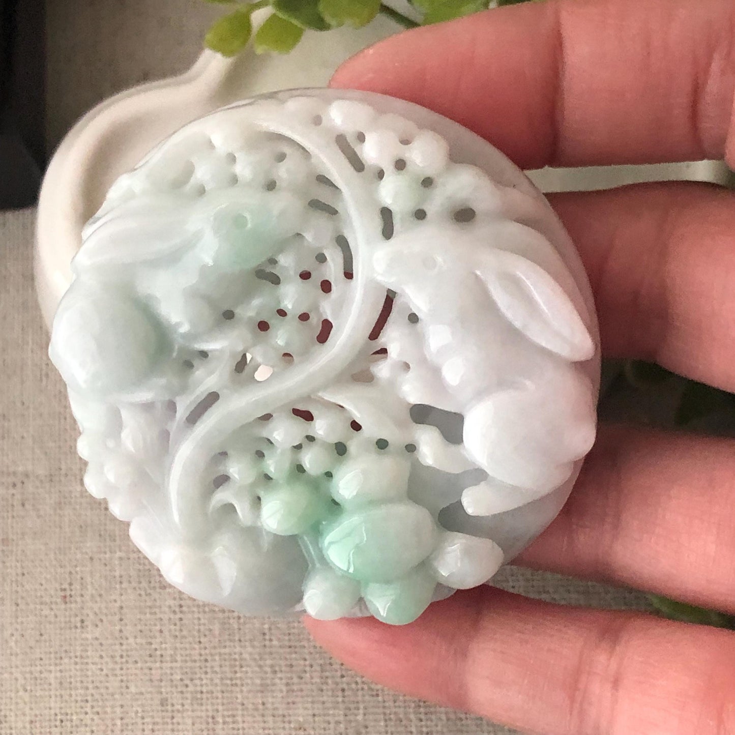 53.7mm Jadeite Jade Green Carved Double Rabbit Flowers Pendant