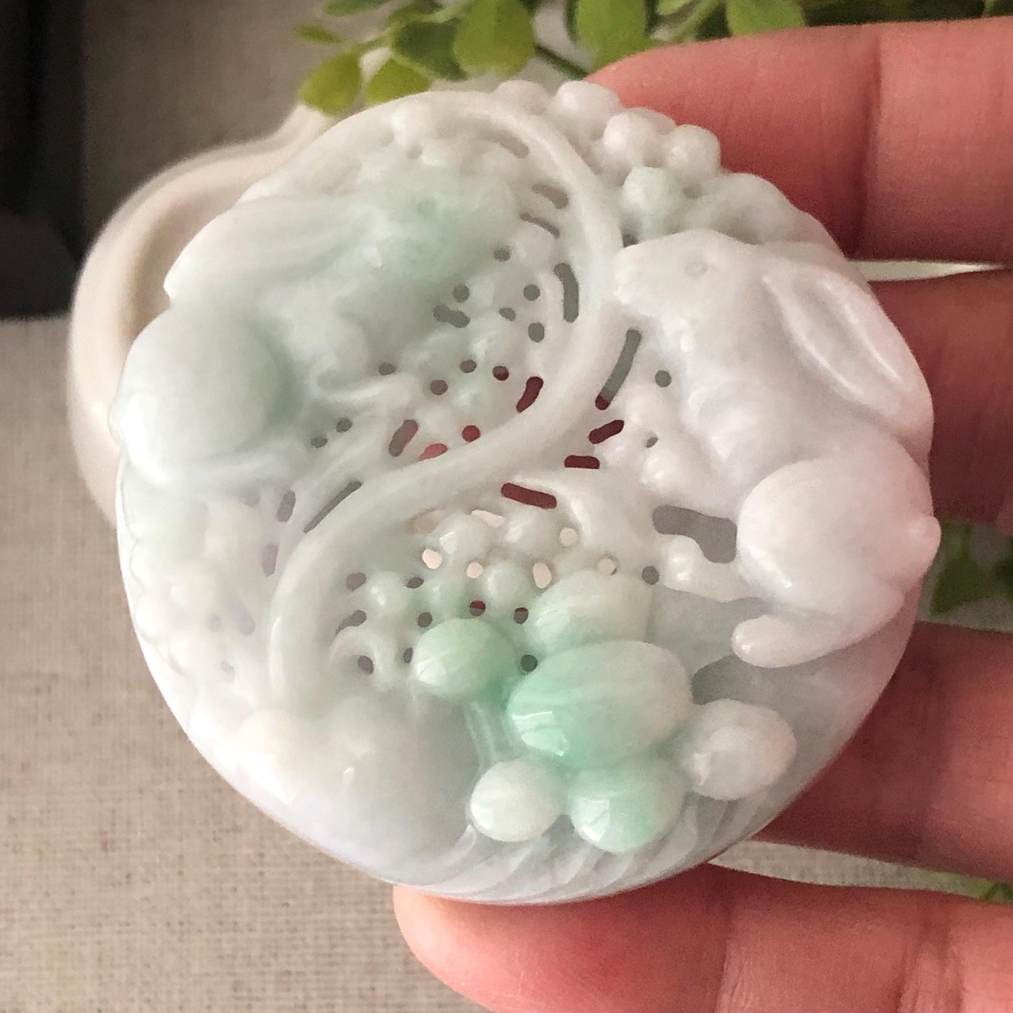 53.7mm Jadeite Jade Green Carved Double Rabbit Flowers Pendant