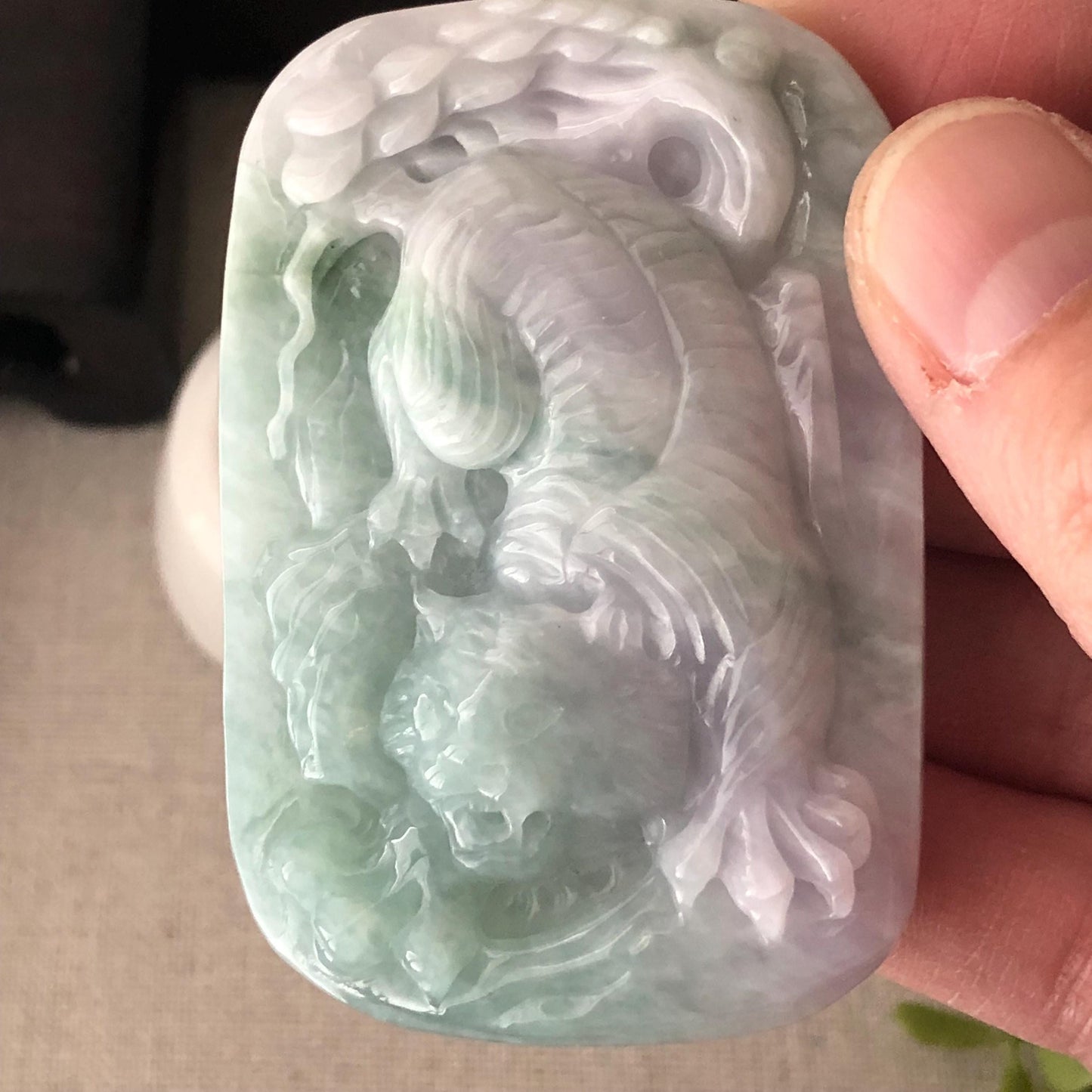 61mm Jadeite Jade Lavender Green Carved Tiger Pendant