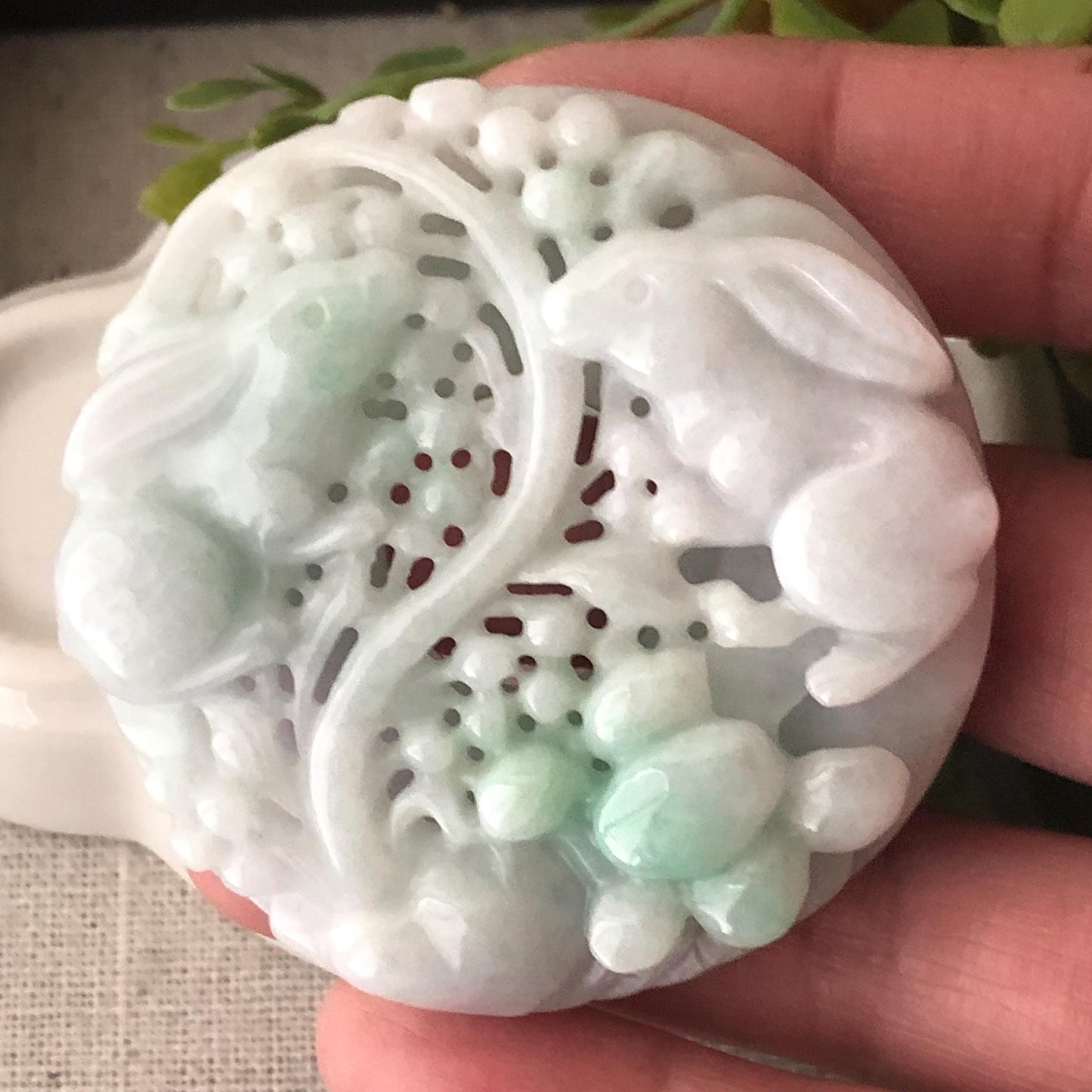 53.7mm Jadeite Jade Green Carved Double Rabbit Flowers Pendant