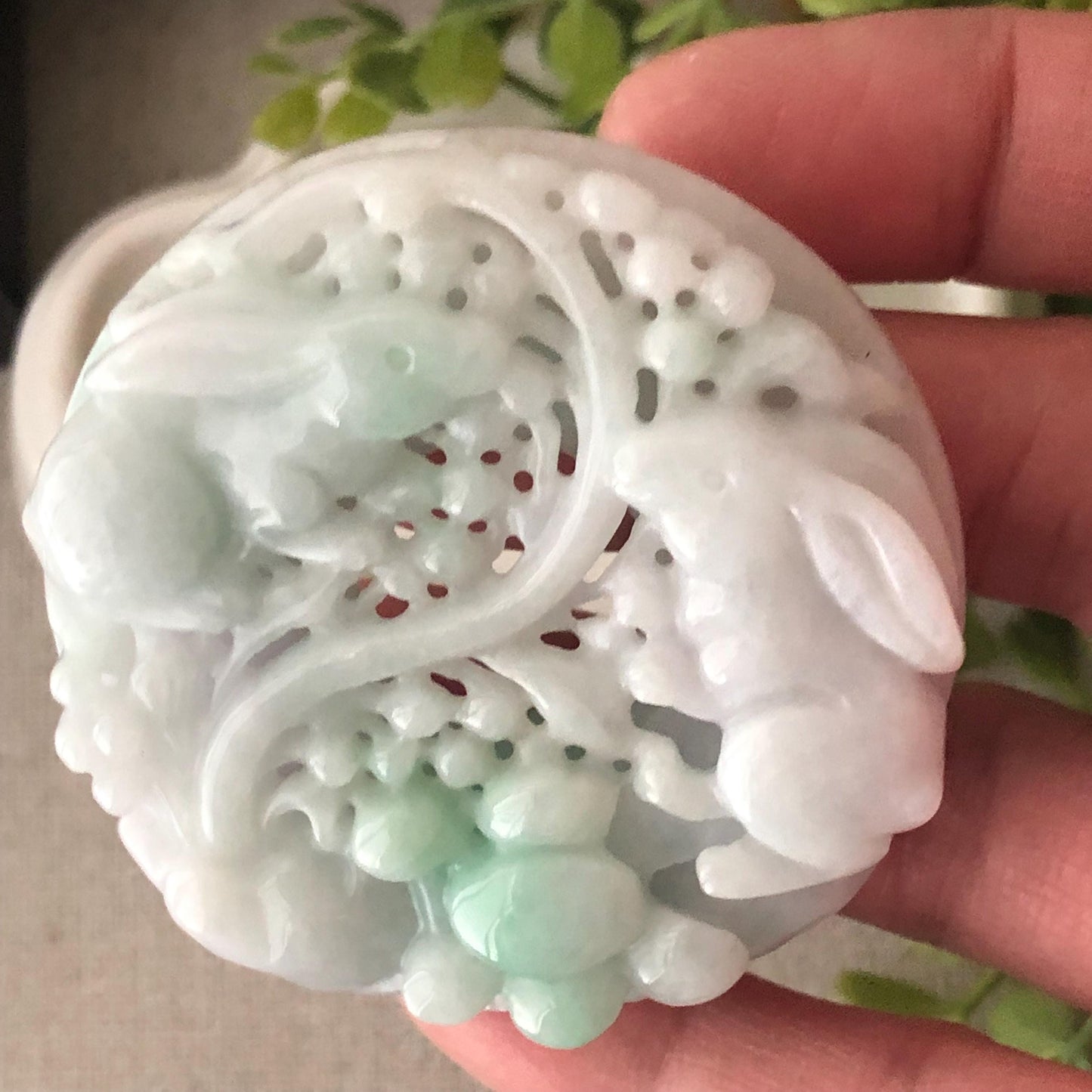 53.7mm Jadeite Jade Green Carved Double Rabbit Flowers Pendant