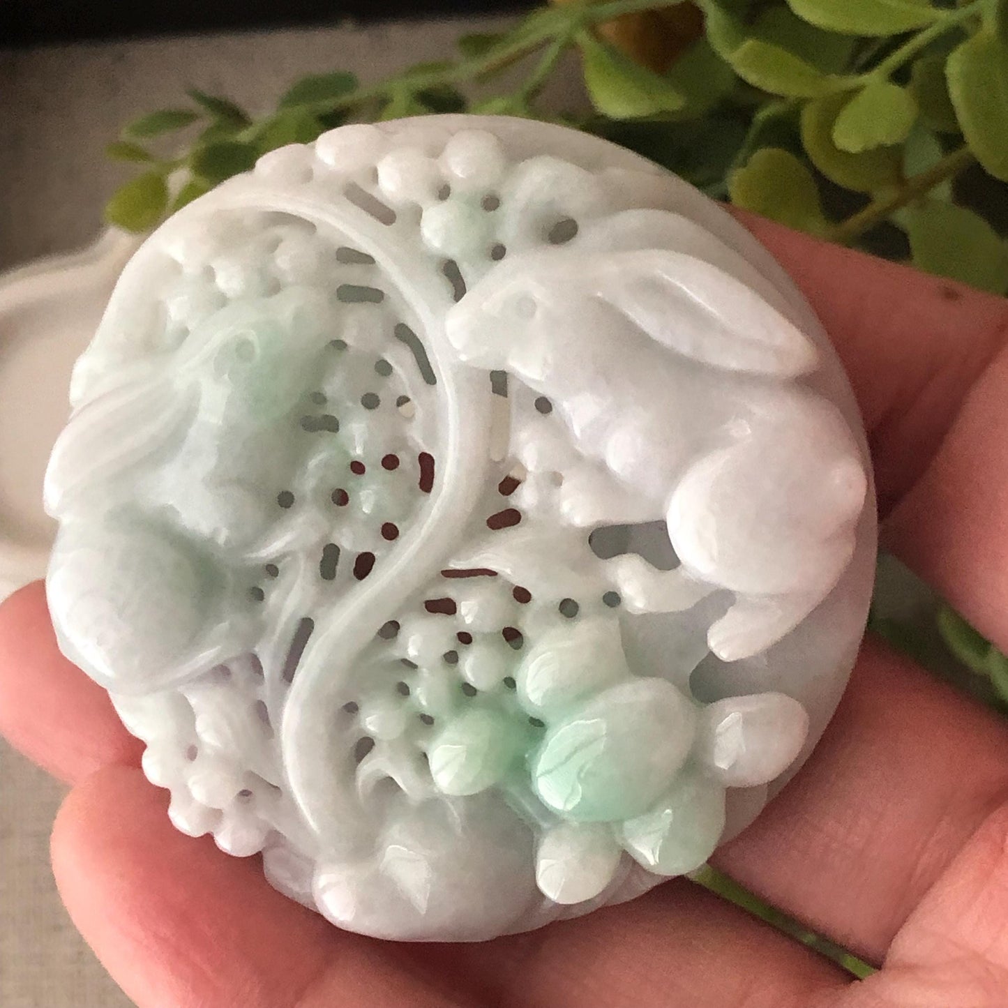 53.7mm Jadeite Jade Green Carved Double Rabbit Flowers Pendant