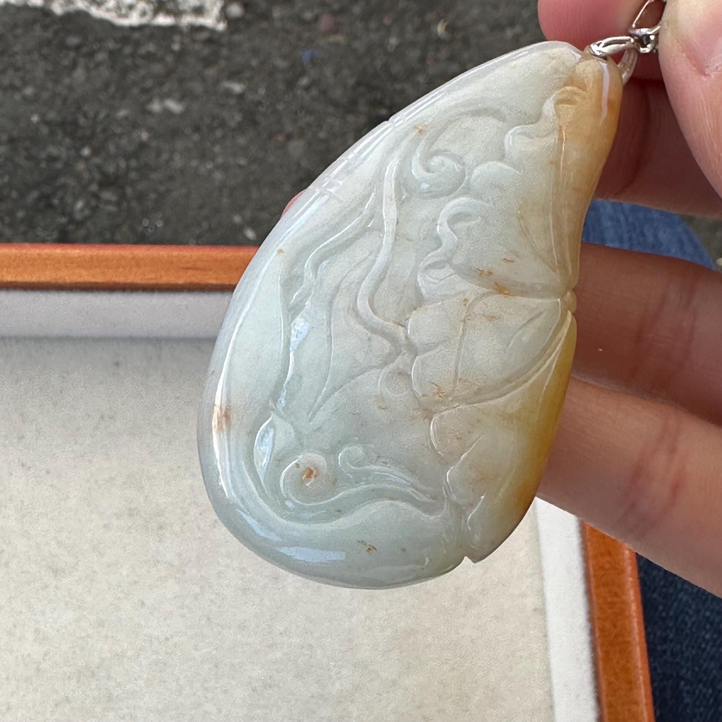 68mm Jadeite Jade Red Yellow Carved Fish Flower Pendant