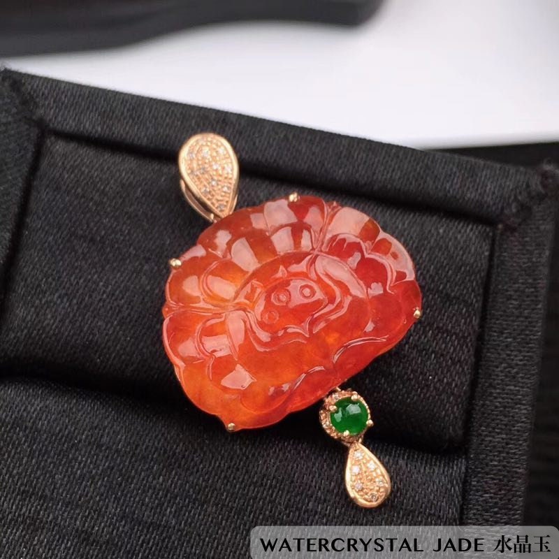 NEW Beautiful Myanmar Grade A Jadeite Red Brown Orange Jade Pendant 18K ONLY ONE
