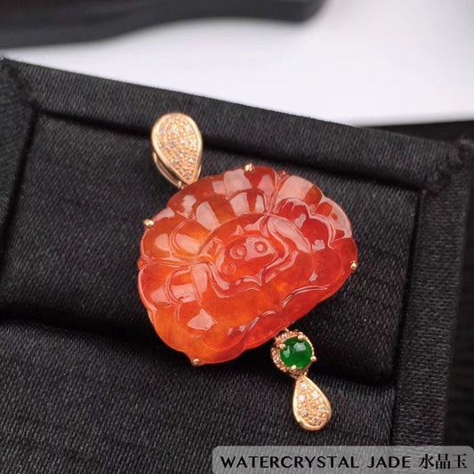 NEW Beautiful Myanmar Grade A Jadeite Red Brown Orange Jade Pendant 18K ONLY ONE