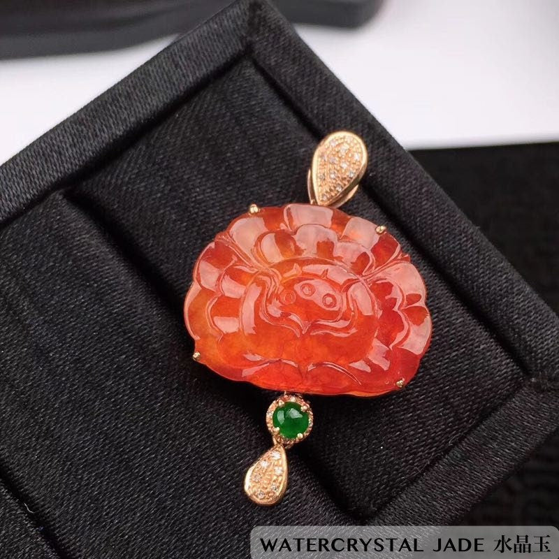 NEW Beautiful Myanmar Grade A Jadeite Red Brown Orange Jade Pendant 18K ONLY ONE