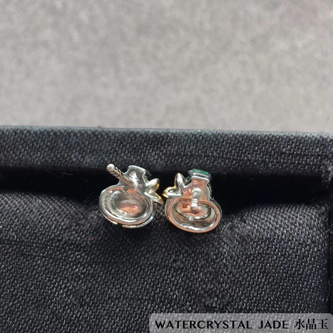 Beautiful NEW Myanmar Yang Green Jadeite Gourd Diamond 18K White Gold Earrings