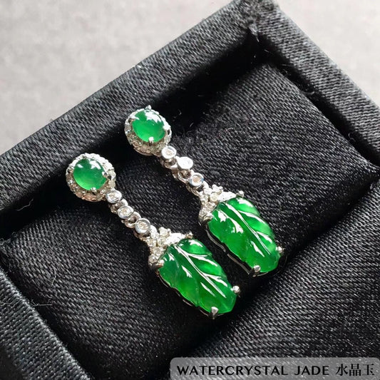Brand New Myanmar Jadeite Jade Dangling Stud Carved Leaf Earring 18K White Gold