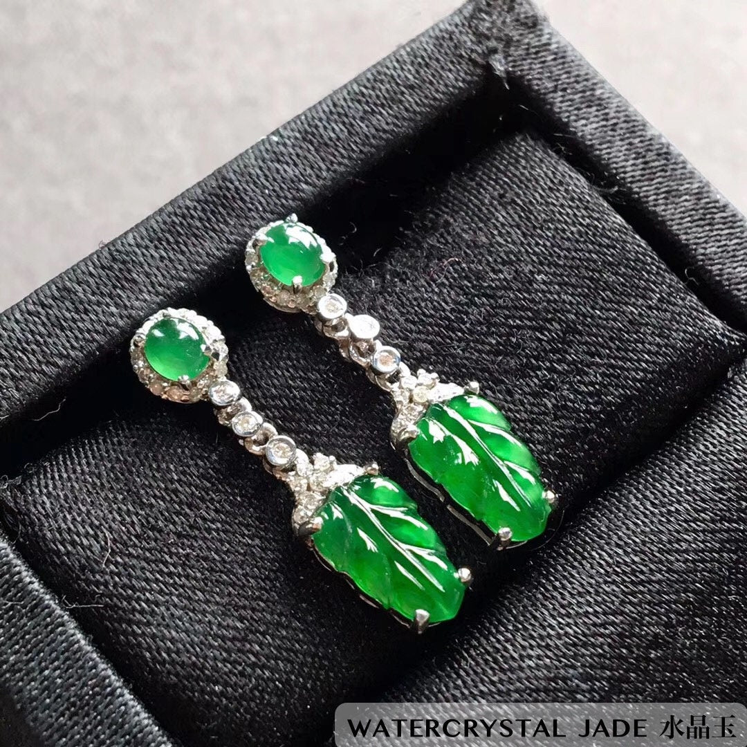 Brand New Myanmar Jadeite Jade Dangling Stud Carved Leaf Earring 18K White Gold