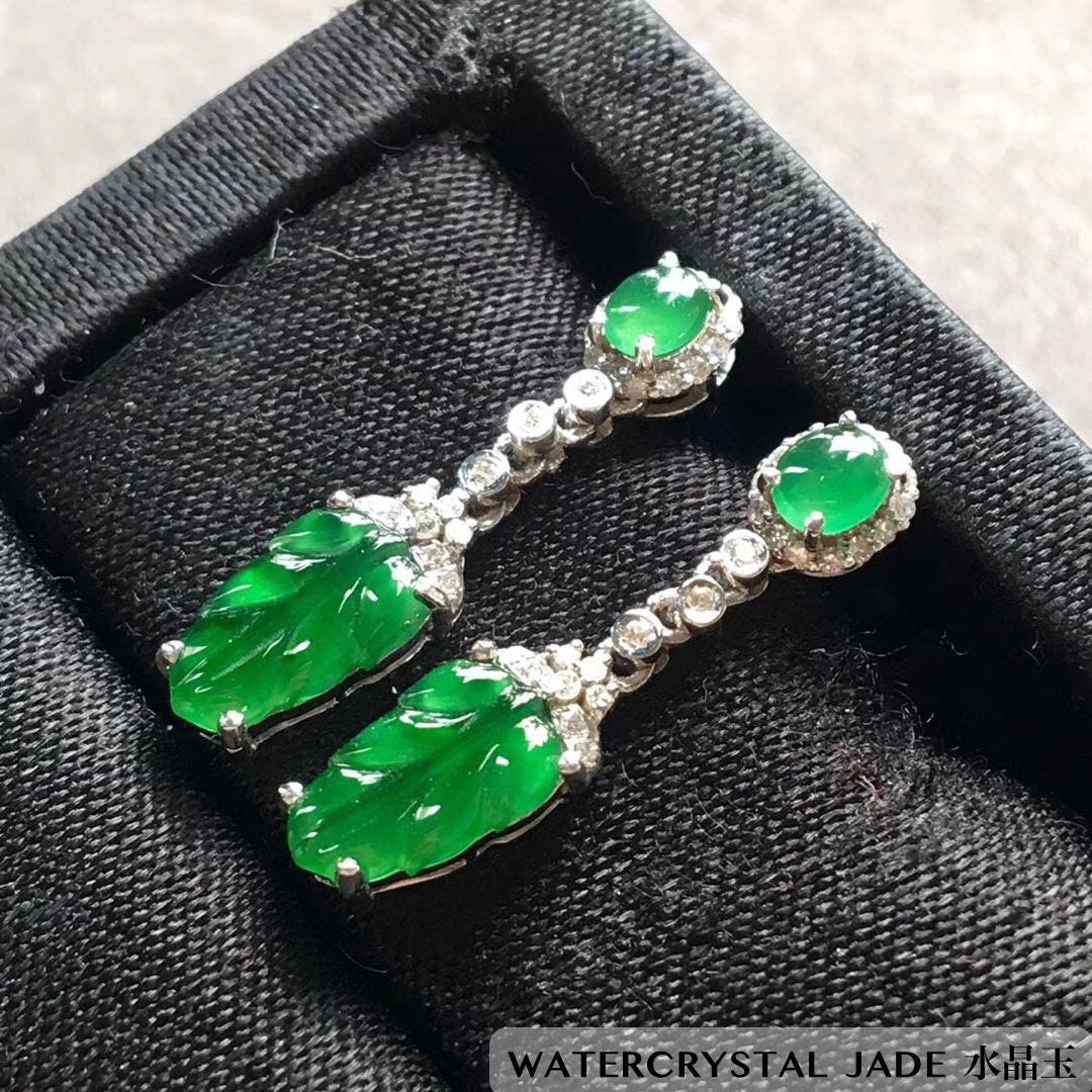 Brand New Myanmar Jadeite Jade Dangling Stud Carved Leaf Earring 18K White Gold