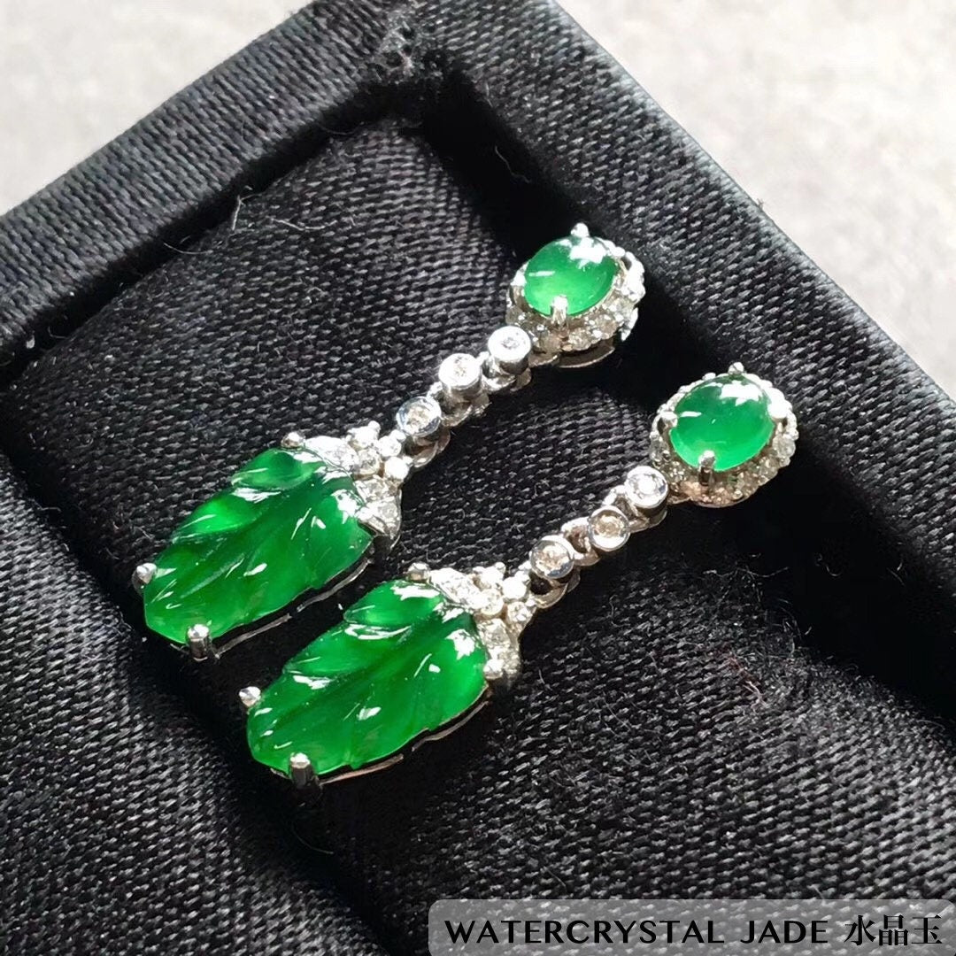 Brand New Myanmar Jadeite Jade Dangling Stud Carved Leaf Earring 18K White Gold