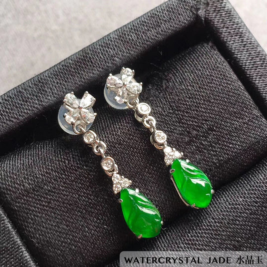 Beautiful NEW Myanmar Yang Green Jadeite Dangling Diamond 18K White Gold Earrings