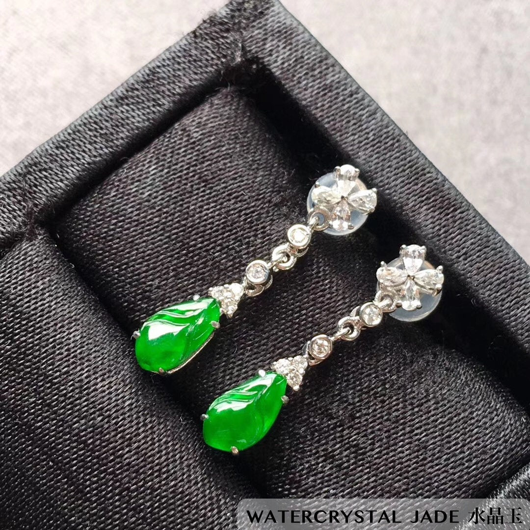 Beautiful NEW Myanmar Yang Green Jadeite Dangling Diamond 18K White Gold Earrings